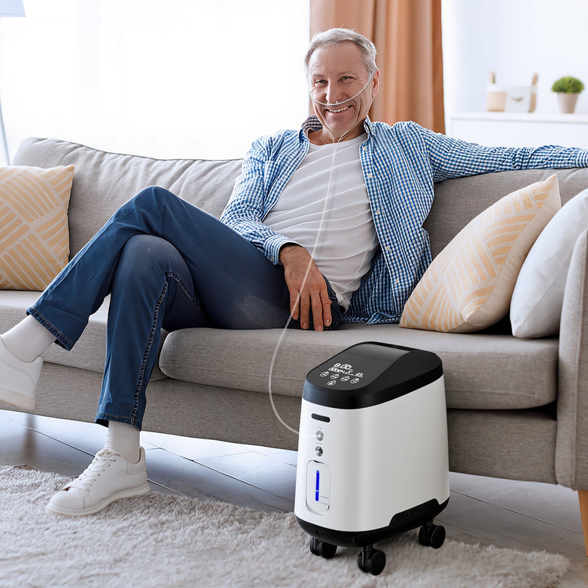 Alltägliche Sauerstofftherapie für Zuhause – entspannte Nutzung des VH2 PRO Sauerstoffgeräts im Wohnzimmer.