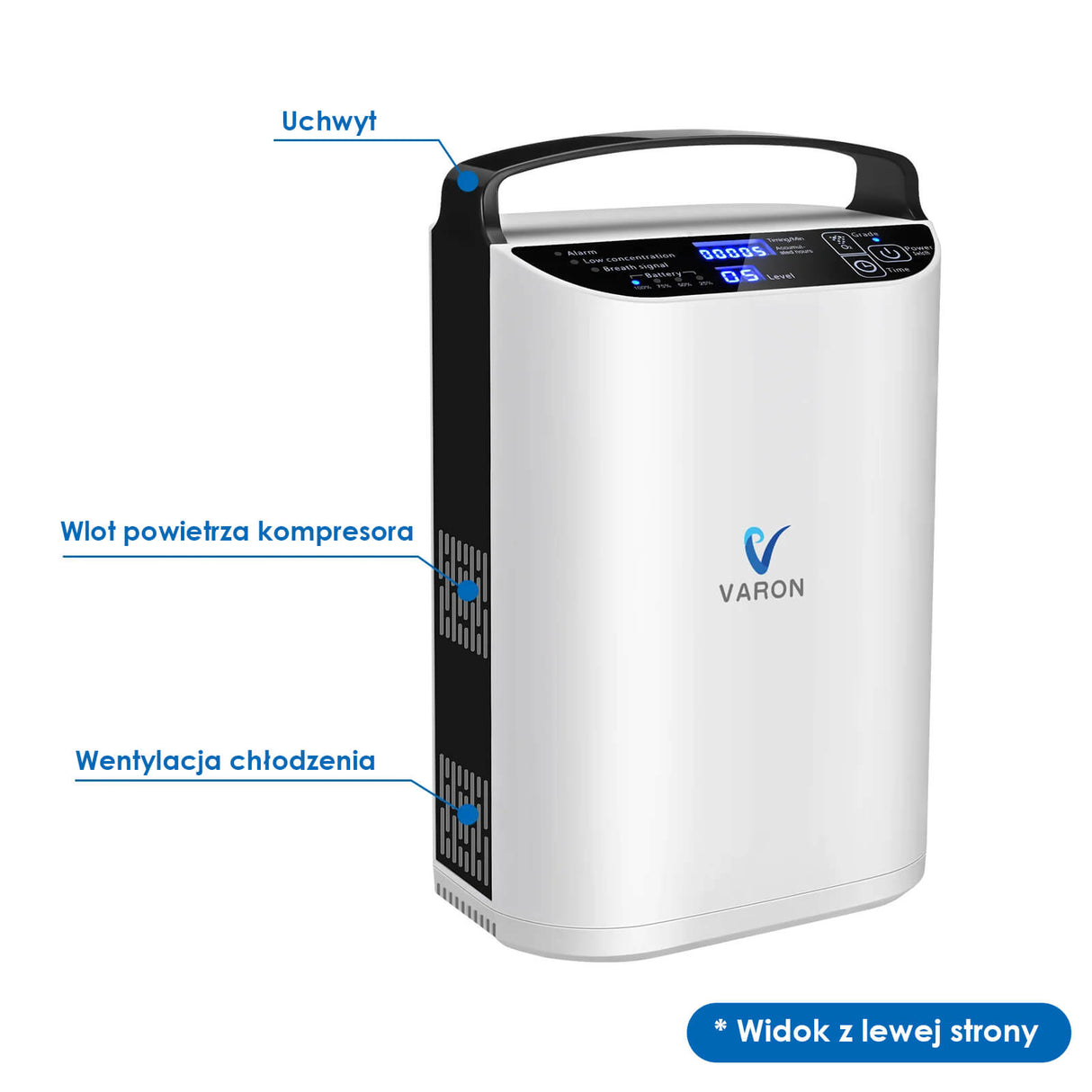 VARON VP-1 | koncentrator tlenu przenośny z trybem pulsacyjnym (1–5 poziomów)