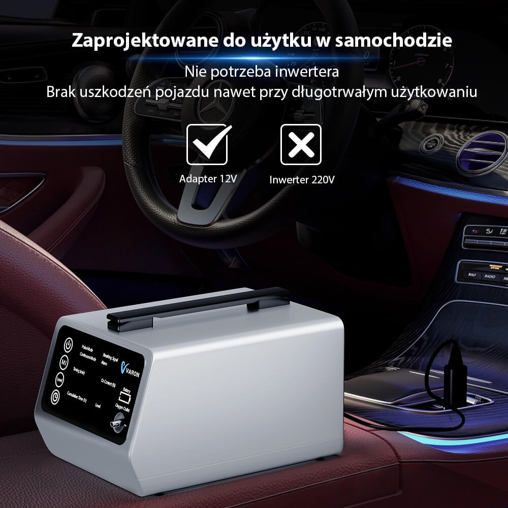 VARON VT-1 | samochodowy koncentrator tlenu z trybem pulsacyjnym i ciągłym | idealny w podróży | certyfikat CE