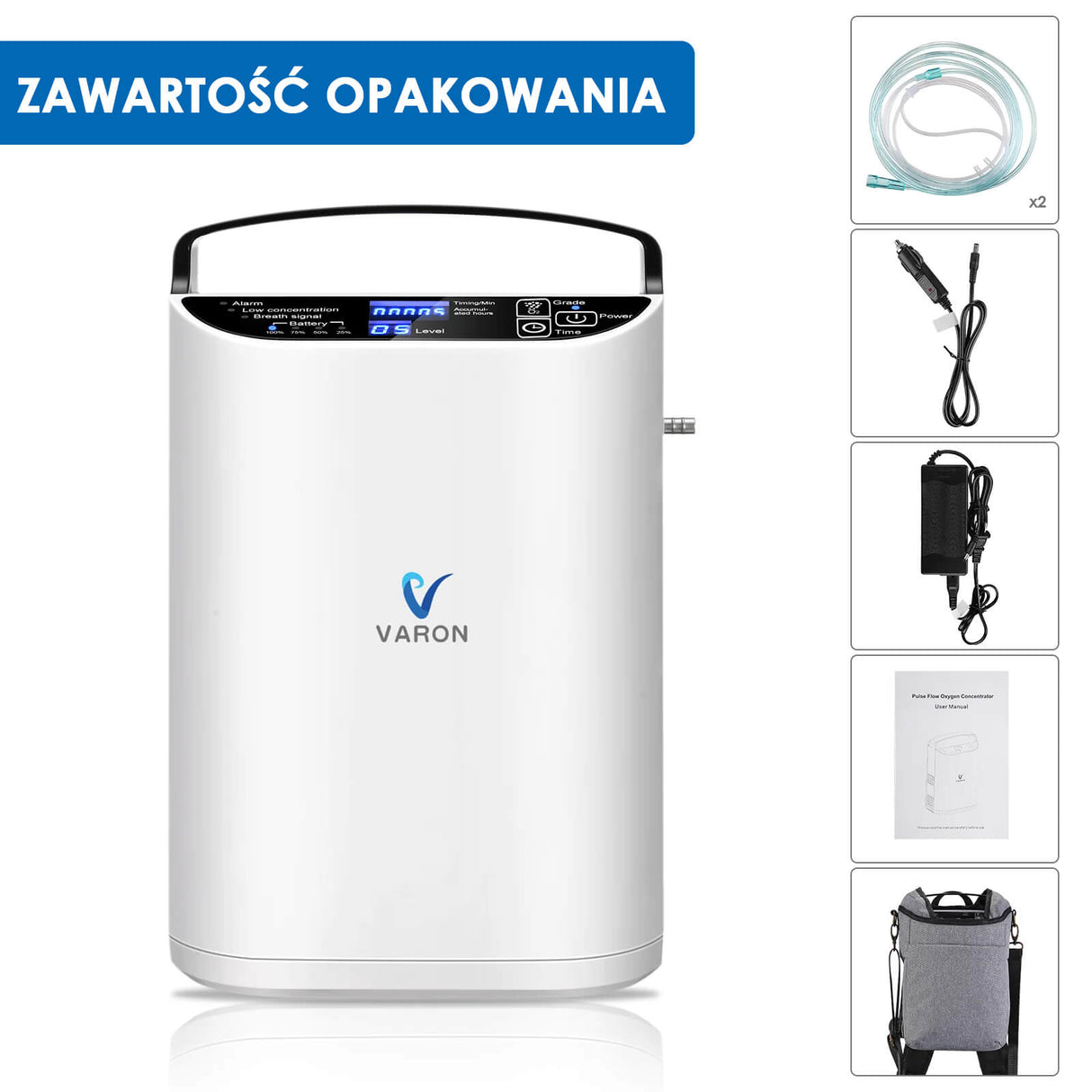 VARON VP-1 | koncentrator tlenu przenośny z trybem pulsacyjnym (1–5 poziomów)