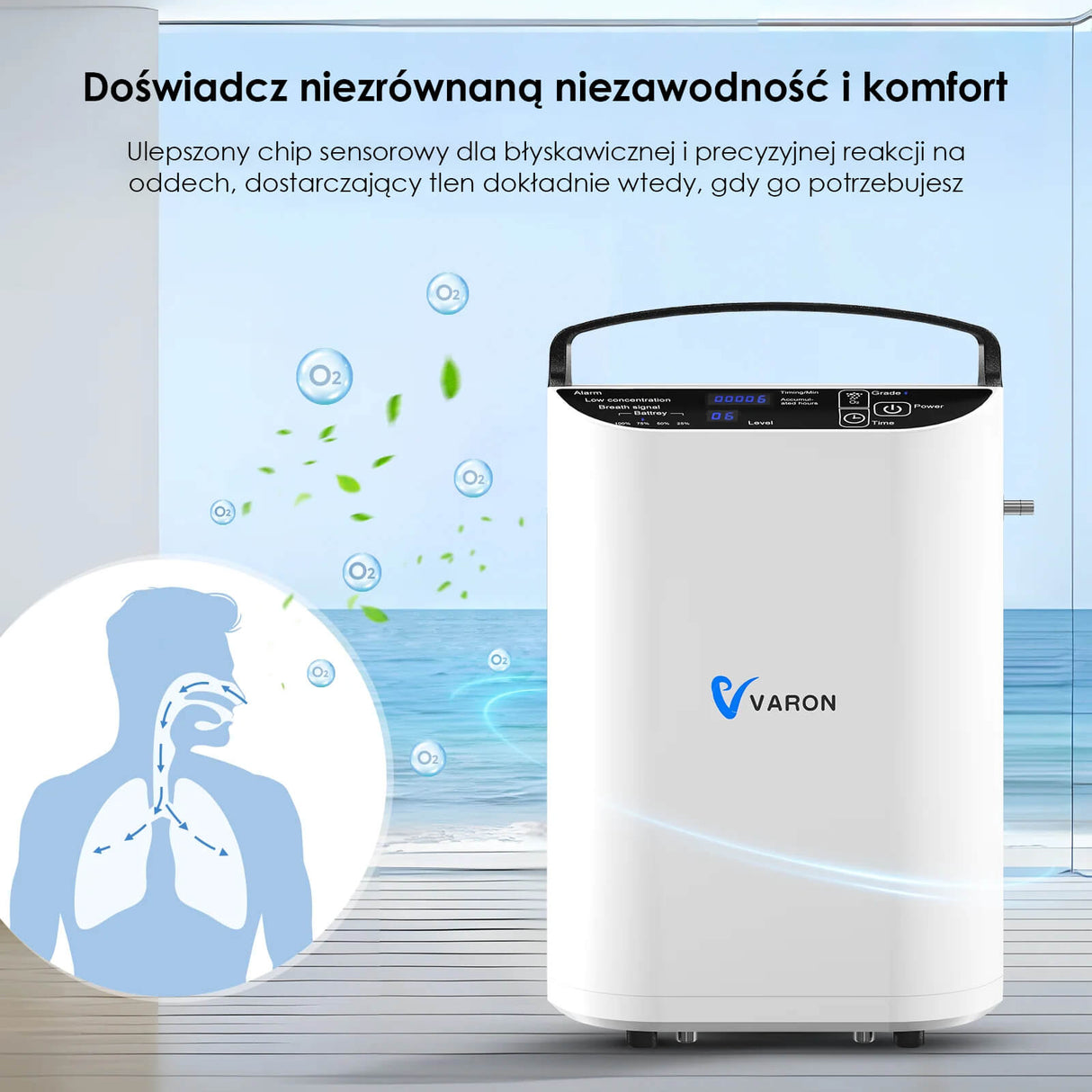 VARON VP-1 | Przenośny koncentrator tlenu o przepływie pulsacyjnym (1–5 poziomów)