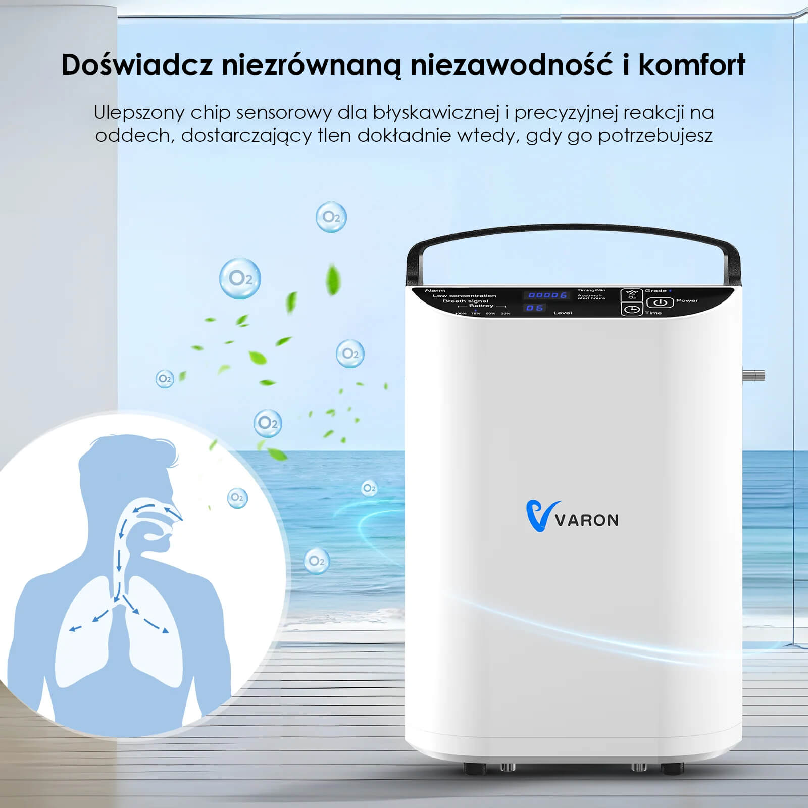 VARON VP-1 | Przenośny koncentrator tlenu o przepływie pulsacyjnym (1–5 poziomów)