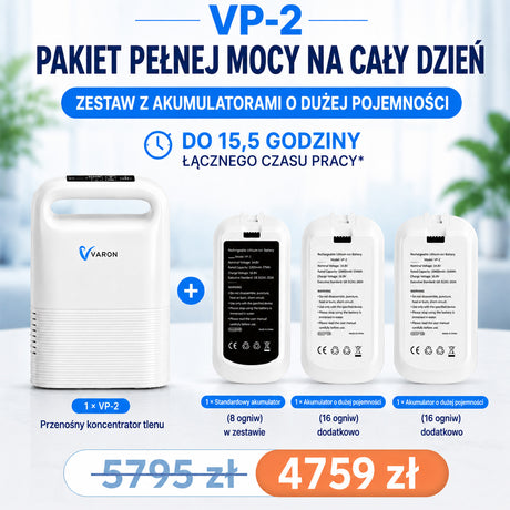 VARON VP-2 Przenośny koncentrator tlenu – zestaw z 2 dodatkowymi bateriami | Do 8 godzin pracy