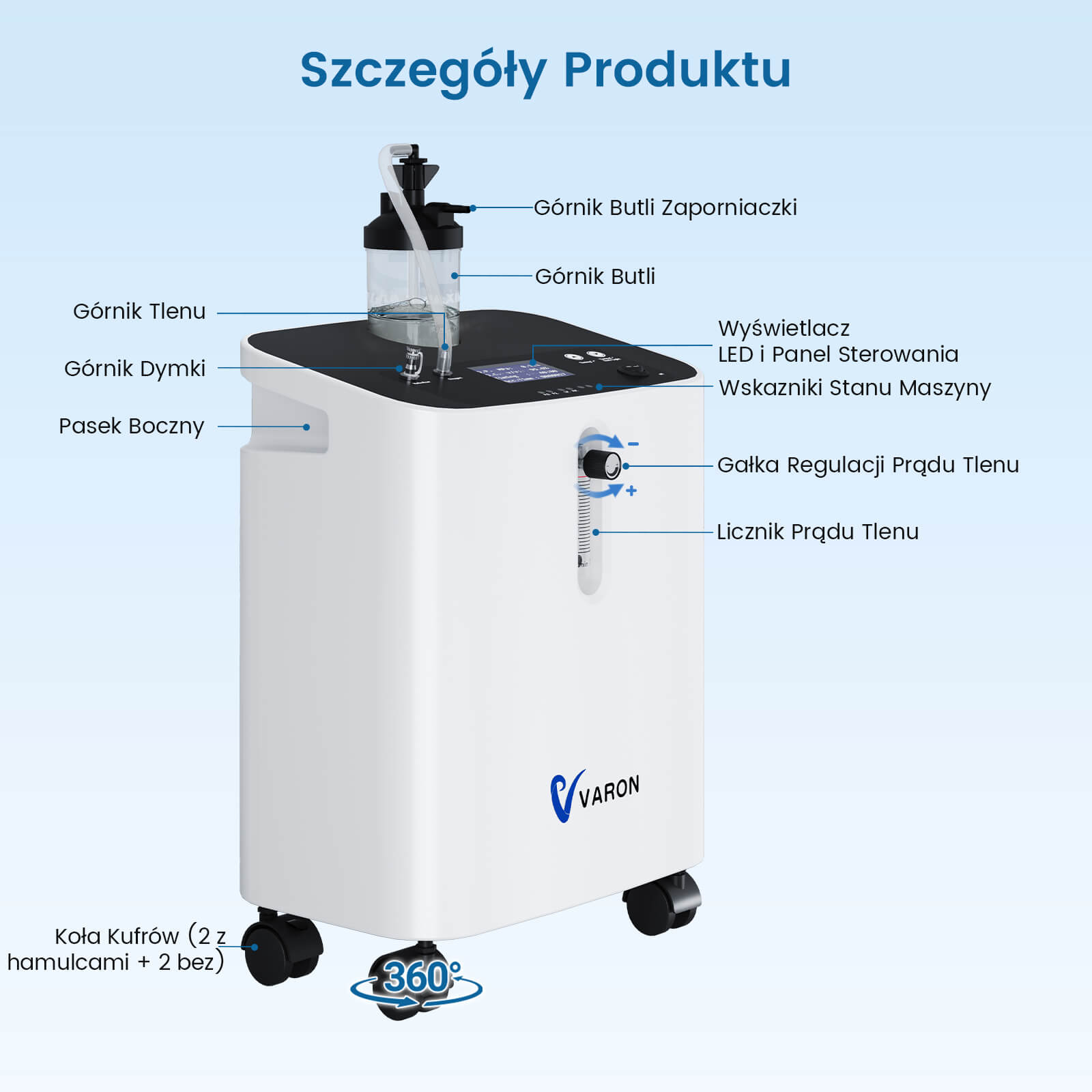 VARON Premium Domowy Koncentrator Tlenu VH-3 Pro |  Ciągły przepływ, certyfikat CE (1–10 poziomów)