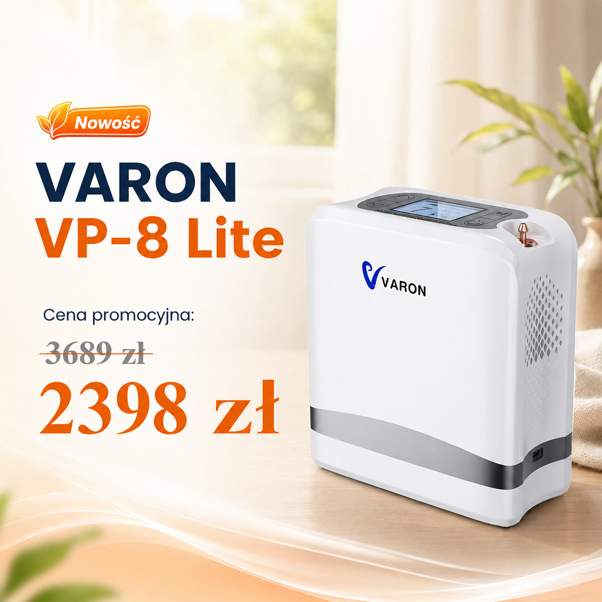 Nowy VARON VP-8 Lite | Lekki przenośny koncentrator tlenu 2 kg z pulsacyjnym przepływem (1–7 poziomów)