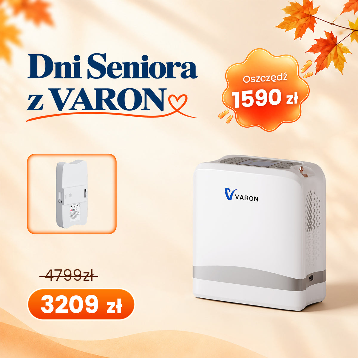 Nowy VARON VP-8 Lite | Lekki przenośny koncentrator tlenu 2 kg z pulsacyjnym przepływem (1–7 poziomów)