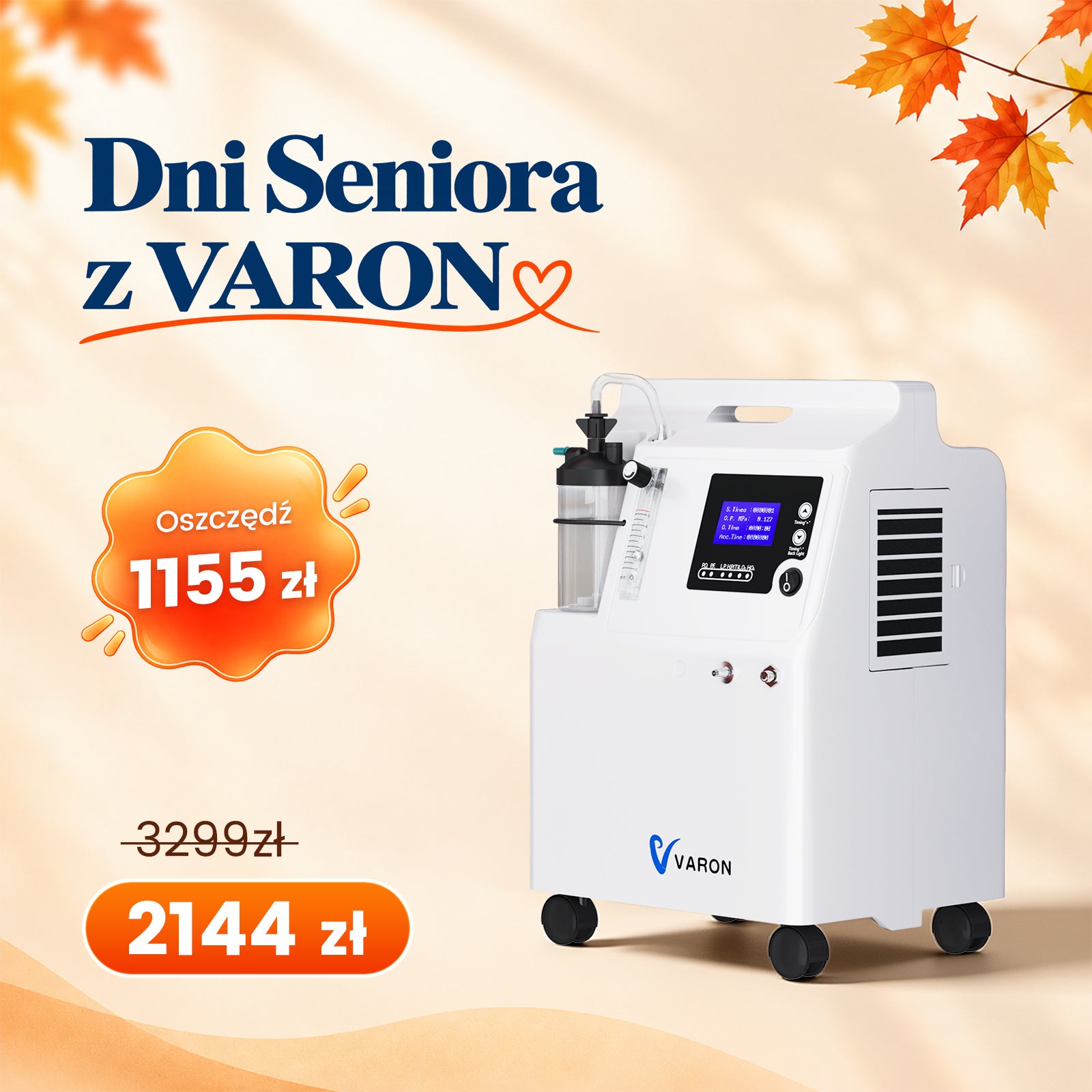 VARON Serene 5 Domowy koncentrator tlenu, 5L, praca do 72 godzin, FDA